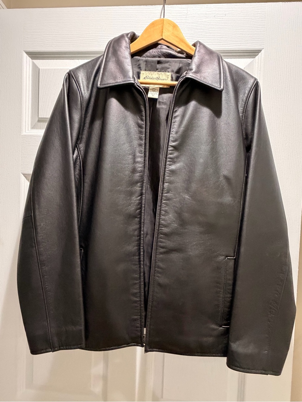 Eddie Bauer Men's Black Leather Bomber-Style Zip Jacket